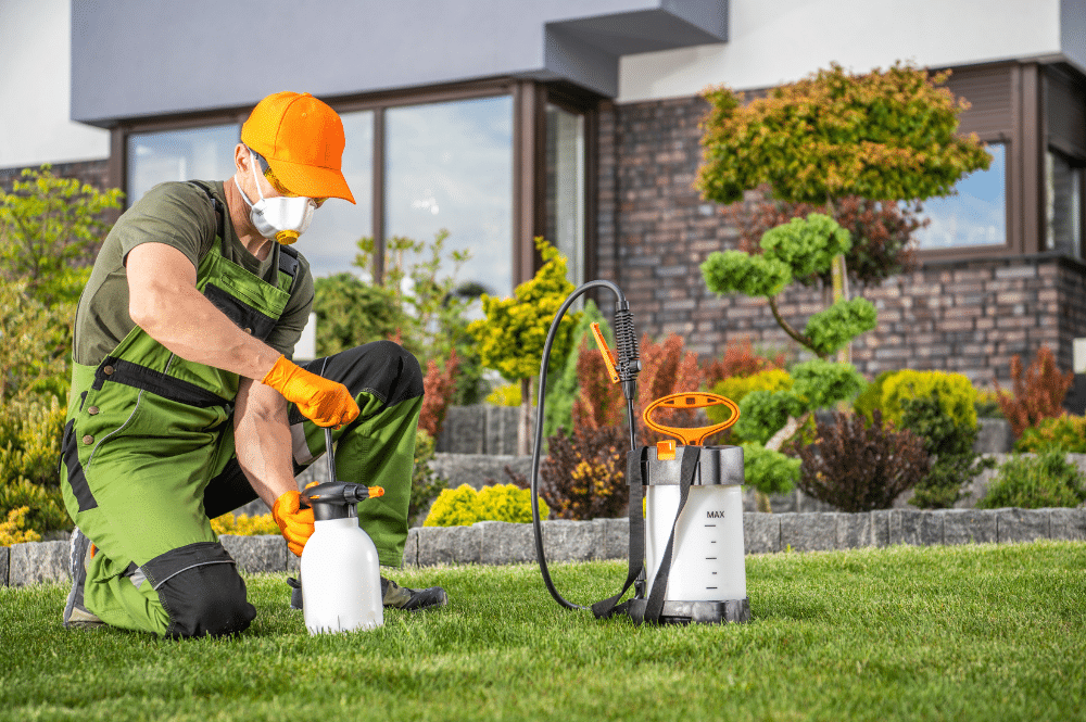 A man in green overalls and orange hat, performing pest control and landscaping services for a Meridian home.